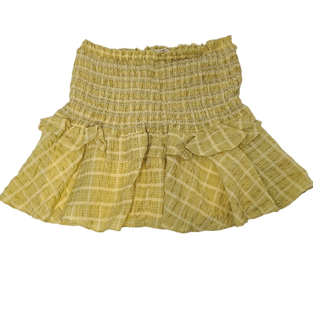 Just Me Yellow Plaid Tiered Ruffle Gauze Cotton Mini Skirt Womens SZ Large